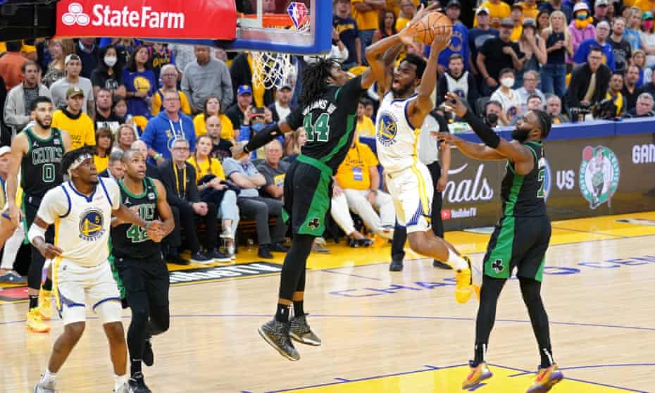 Andrew Wiggins goes to the basket on his way to a 26-point performance for the Warriors in their Game 5 NBA finals victory over the Celtics