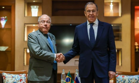 Brazil’s foreign minister, Mauro Vieira, left, meets his Russian counterpart, Sergei Lavrov on the sidelines of the G20 foreign ministers' meeting in New Delhi last month.