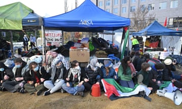 Students barricade the Gaza Solidarity encampment on the campus of the Australian National University