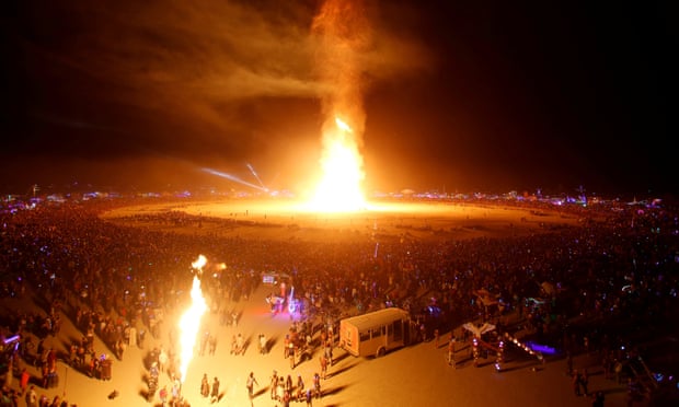 The Man is engulfed in flames at the 2017 Burning Man festival, Elon Musk’s favorite, in the Black Rock desert of Nevada.