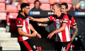 Che Adams of Southampton celebrates with teammates after scoring his team’s first goal.