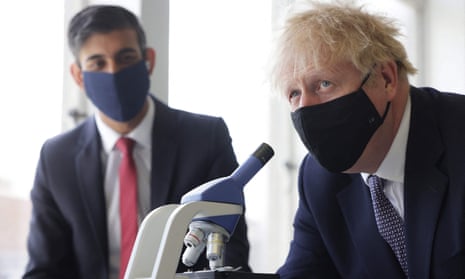 Rishi Sunak and Boris Johnson pictured in April in mask with a microscope