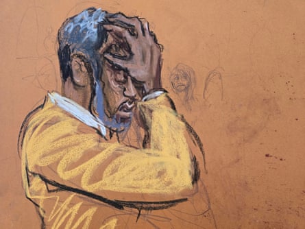 sketch of person wearing yellow sweater putting hands on their own head