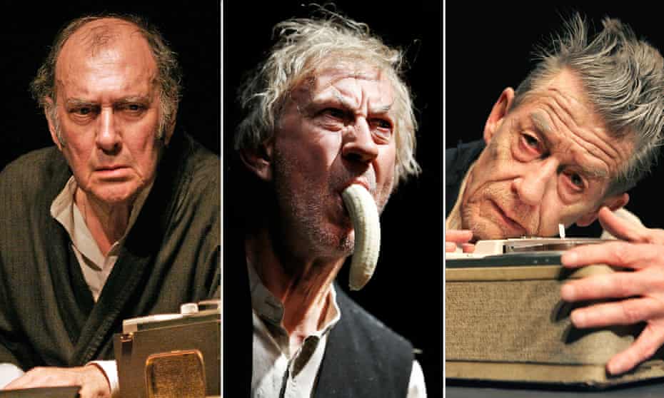 Speaks to a sense of mortality and failure … (l to r) Harold Pinter, Barry McGovern and John Hurt in Krapp’s Last Tape.