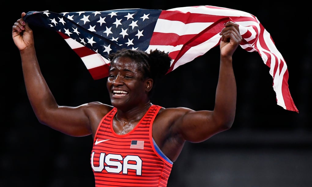 Tamyra Mensah-Stock celebrates her Olympic gold medal