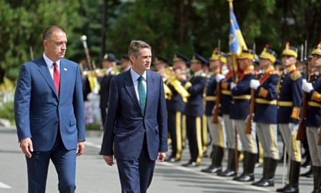Gavin Williamson, the defence secretary (2nd from left) and the Romanian defence minister Mihai Fifor inspect a guard of honor upon Williamson’s arrival at the Ministry of Defence, in Bucharest, Romania.