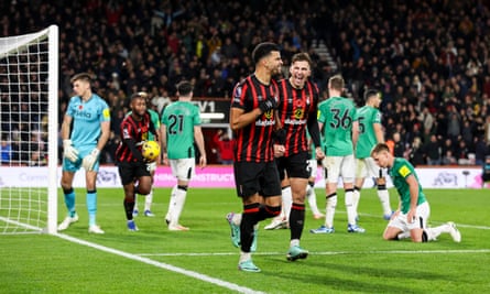 Dominic Solanke celebrates his second goal.