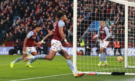 Tyrone Mings celebrates after scoring Villa’s second goal.