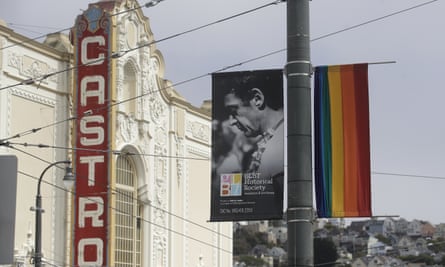A photo of Harvey Milk on a sign in front of the Castro Theatre in San Francisco.