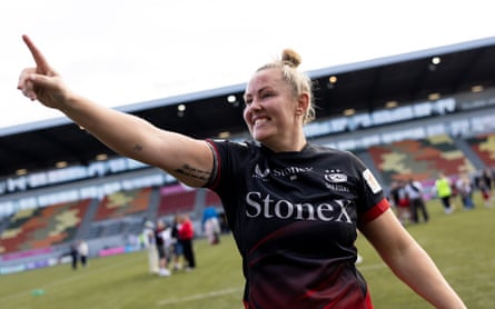 Marlie Packer of Saracens celebrates her side's victory over Exeter in the semi-final