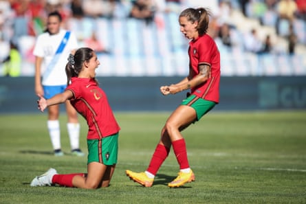 Kika Nazareth (left) celebrates after scoring one of her two goals in Portugal’s 4-0 friendly win over Greece last month.