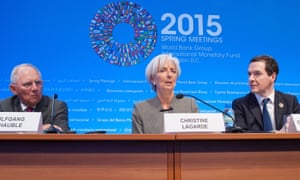 Christine Lagarde at a press conference with Wolfgang Schäuble and George Osborne at the IMF/World Bank spring meetings in Washington last April