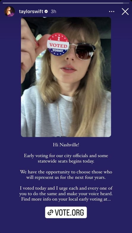 Taylor Swift holds an ‘I voted today’ on a photograph from her X feed.