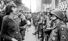 National guard soldiers face off with demonstrators at Grant Park in Chicago on 26 August 1968. 