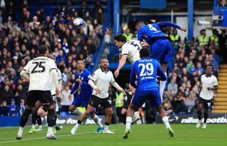 Chelsea’s Tosin Adarabioyo heads home their fourth goal
