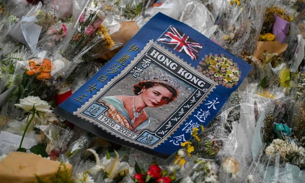 Flower tributes for Elizabeth II placed outside the British consulate in Hong Kong