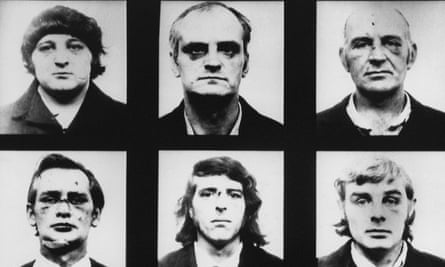 The now-notorious mugshots of the Six after their arrests in 1974.