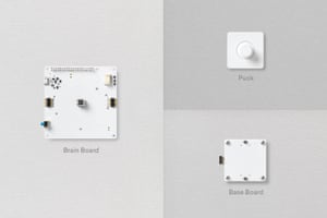 The three components of Project Bloks: a brain board, base board and puck.