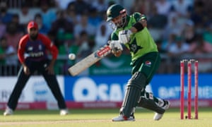Pakistan’s Mohammad Rizwan hits a six.
