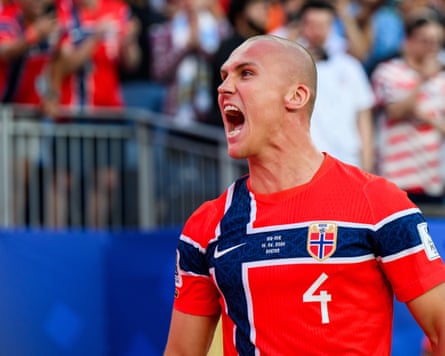 Leo Østigård of Norway celebrates after scoring against Iraq