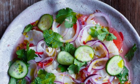 Nigel Slater’s ceviche with pickled cucumber and grapefruit.