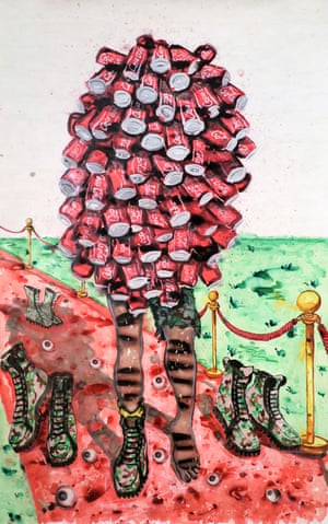 Stranger on Red Carpet, 2016, by Steve Bandoma.Steve Bandoma was born in 1981 in Kinshasa, where he still lives and works. He creates collages with images reused from magazines, giving them a modern meaning and, he says, a new life, an aesthetic inspired by the bustle of Kinshasa and reflecting an African society in constant evolution.