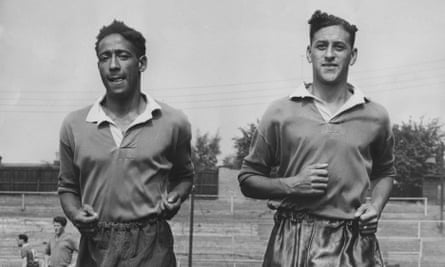 Tony Collins (right) and Roy Brown training with Watford in August 1957.