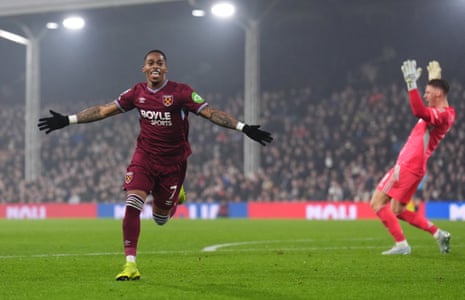 West Ham United’s Crysencio Summerville celebrates after opening the scoring at Fulham.