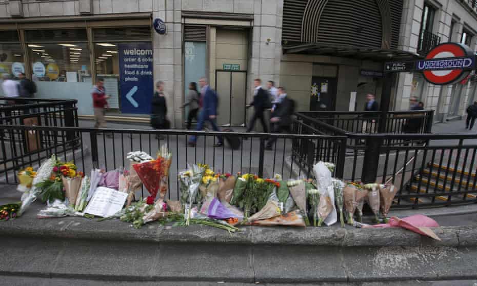 Flowers are left at Monument station near London Bridge in London on June 5, 2017 following the June 3 terror attack
