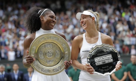 Serena Williams and Angelique Kerber with their trophies.