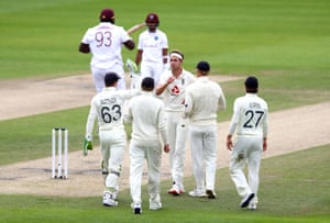 Broad celebrates with team-mates after taking Cornwall lbw for ten.