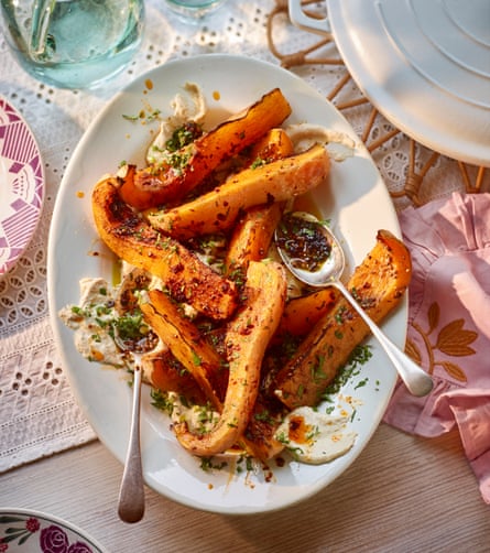 Roasted squash with tahini and chilli crisp. 