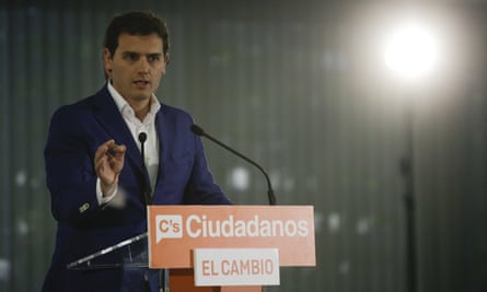 Ciudadanos’ (Citizens) party leader Albert Rivera gestures during a news conference after the regional and municipal elections in Madrid.
