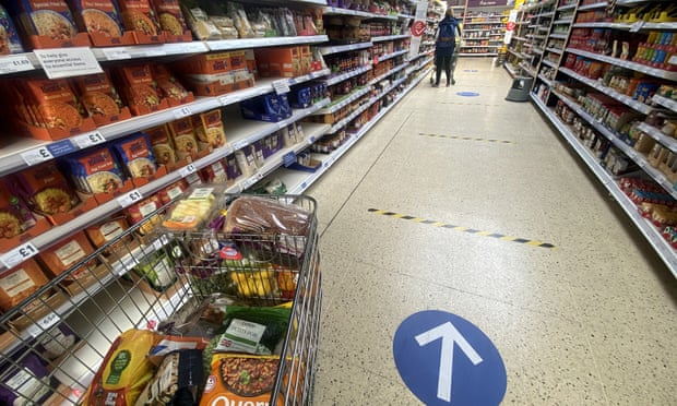 A one-way system in a Tesco supermarket introduced during the coronavirus pandemic