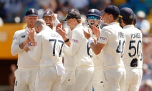 Jack Leach celebrates taking the wicket of West Indies’ John Campbell with teammates.