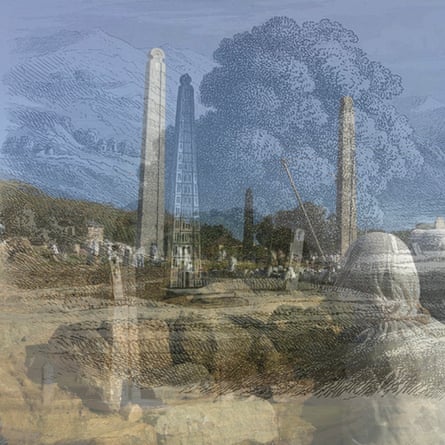 An illustration of obelisks superimposed with a modern photograph