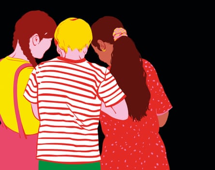 An illustration of three children, backs turned, looking at something in their hands.