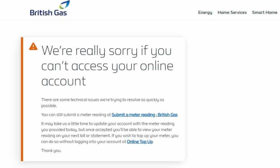 A screengrab of a message on the British Gas website.