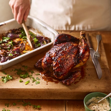 Pomegranate chicken, roasted onions, tahini.