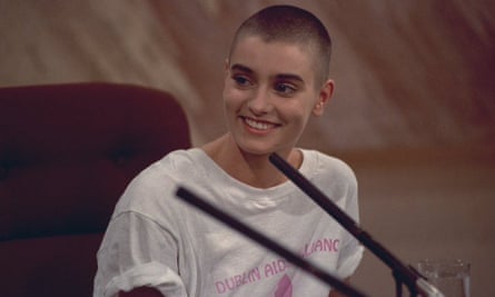 Sinéad O’Connor wearing a Dublin Aids Alliance shirt on The Late Late Show in February 1990.