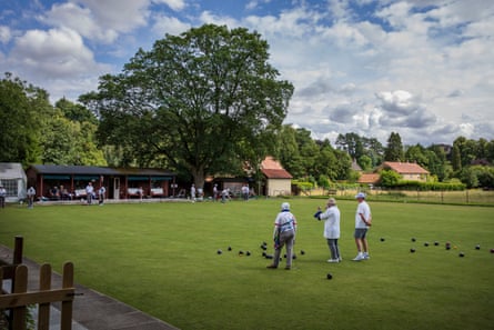 Pensioners take part in a bowls match on a green in North Yorkshire.