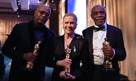 Samuel L Jackson, left, with Liv Ullmann, centre, and Danny Glover with their honorary Oscars at the Governors Awards ceremony.