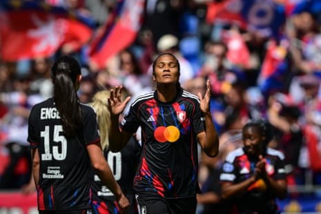 OL Lyonnes’ Wendie Renard celebrates after scoring from the penalty spot to level things up in the tie.