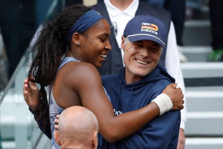 Coco Gauff, left, celebrates with Matthew Daly, right, after winning the French Open in June.