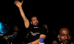 Bekele Gerba waves to his supporters after his release from prison in Adama, Ethiopia on 13 February 2018.