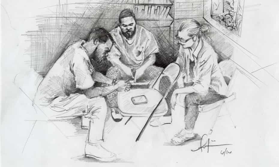 From left: Antwan Williams, Earlonne Woods and Nigel Poor, co-creators of the Ear Hustle podcast at San Quentin Prison. Illustration by Antwan Williams
