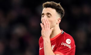 Liverpool’s Diogo Jota reacts after a miss.
