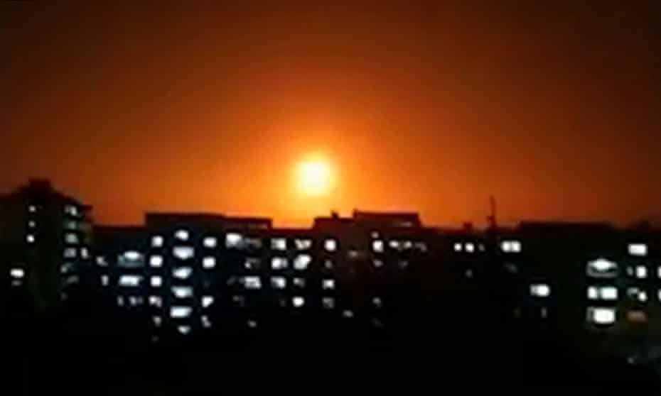 Image from a video released by the official Syrian Arab News Agency reportedly showing an explosion following an Israeli air strike on an undisclosed location.