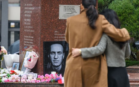 People at the Pushkin plaza in Seoul, South Korea on Wednesday, where there is a memorial site for the late Russian opposition leader Alexei Navalny.