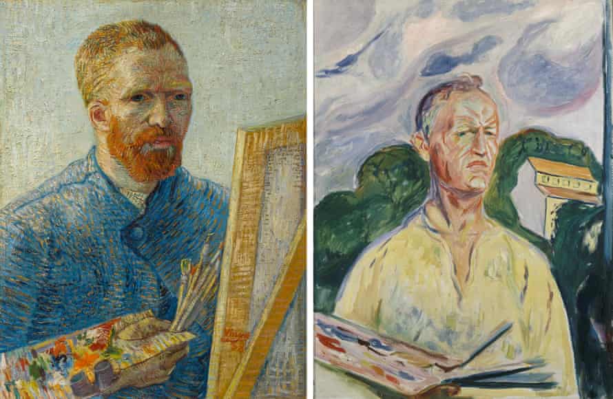 Self-Portrait as a Painter (1887-88) by Vincent van Gogh; and Self-Portrait with Palette (1926) by Edvard Munch.